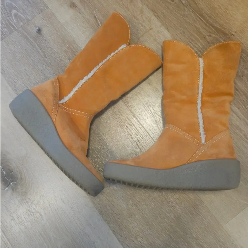 HOGL Orange Suede Leather Mid-Calf Wedge Pull On Boot sz 7 Minimalist Winter